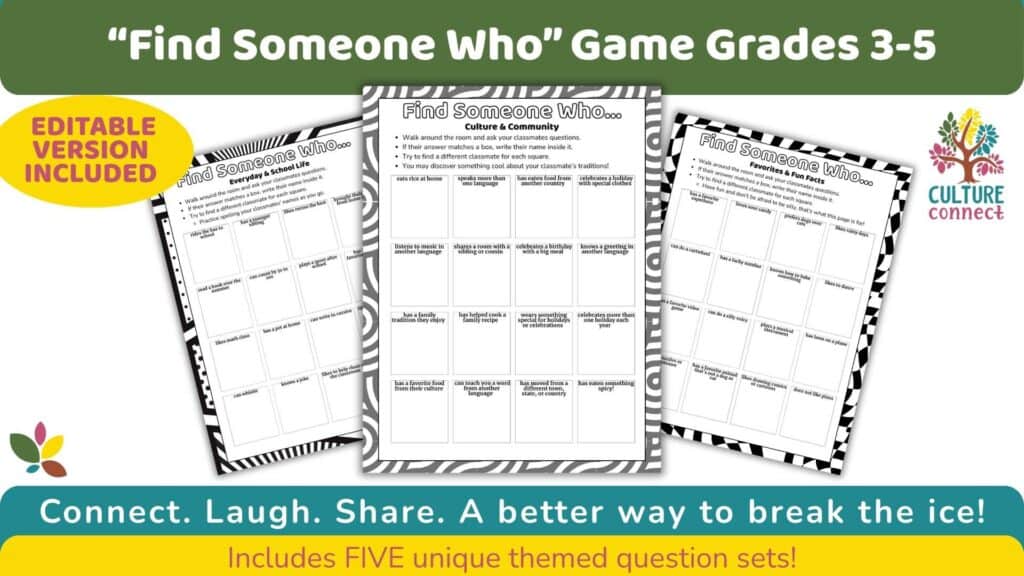 Preview of Find Someone Who printable icebreaker game for Grades 3–5, featuring five themed sets and an editable version